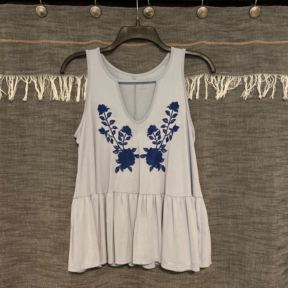 Francesca’s Alya Blue Floral Embroidered Tank